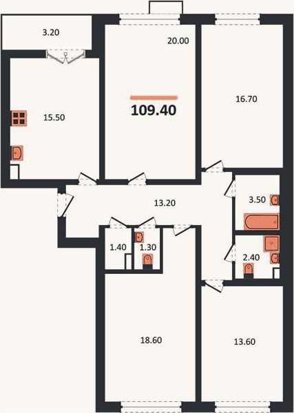 Планировка: 4+ к, 109,4 м²
