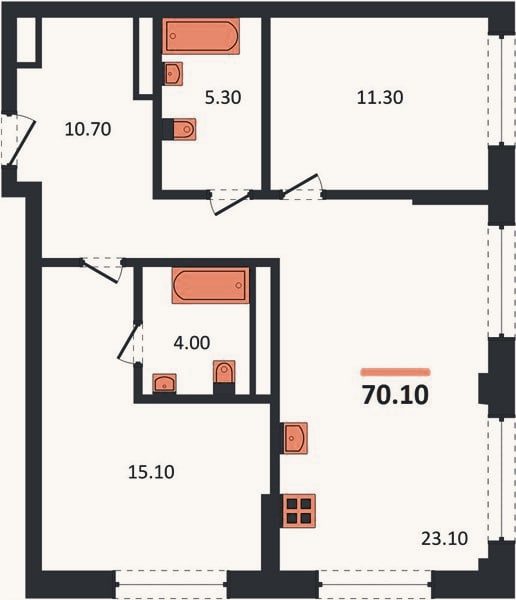 Планировка: 2-к, 70,1 м²