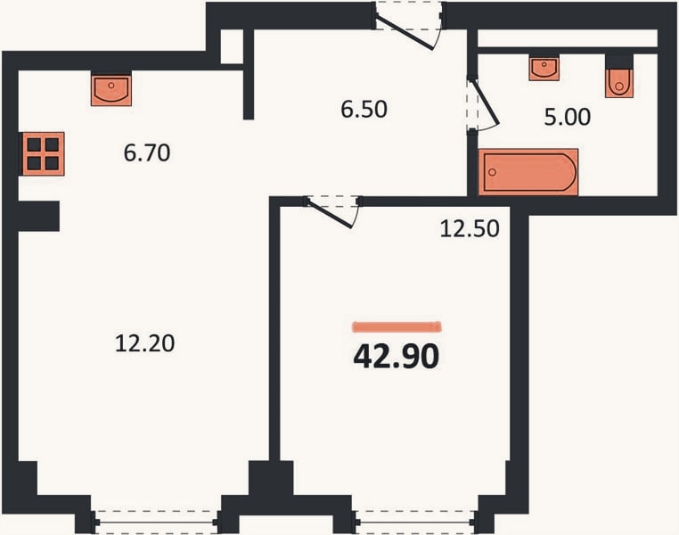 Планировка: 1-к, 42,9 м²
