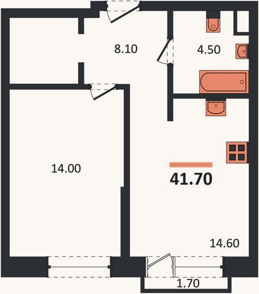 Планировка: 1-к, 41,7 м²