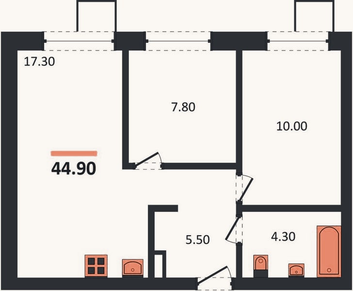 Планировка: 2-к, 44,9 м²