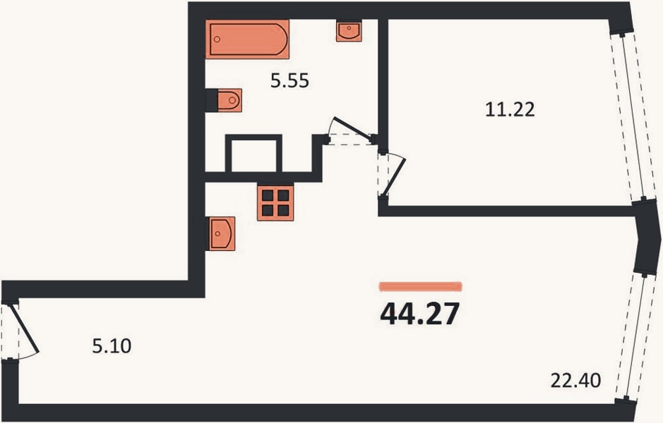 Планировка: 1-к, 44,3 м²