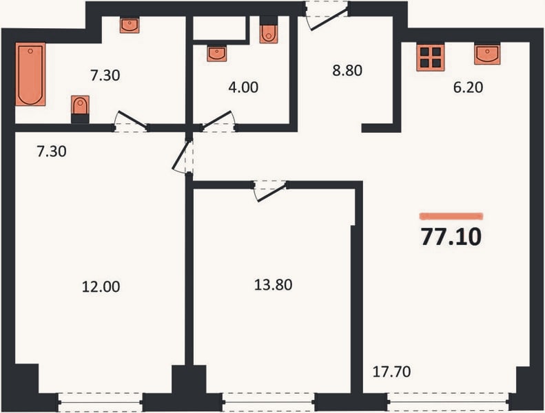 Планировка: 2-к, 77,1 м²
