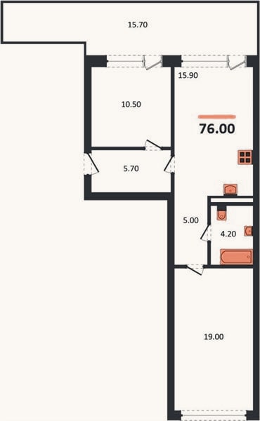 Планировка: 2-к, 76 м²