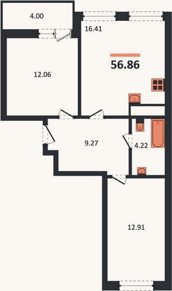 Планировка: 2-к, 56,9 м²