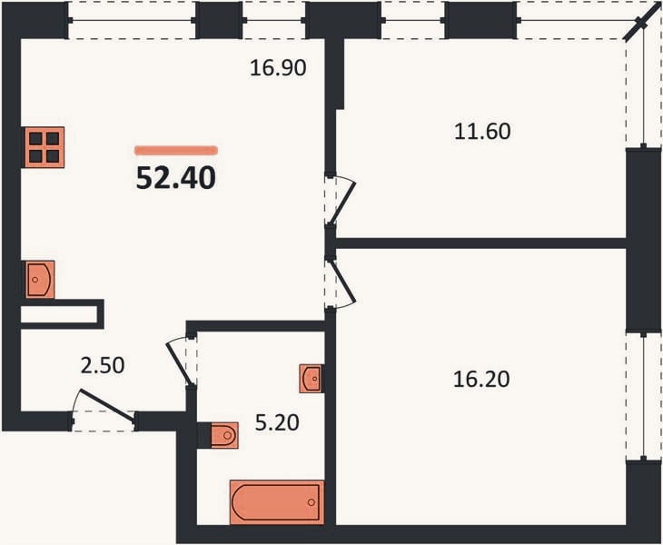 Планировка: 2-к, 52,4 м²