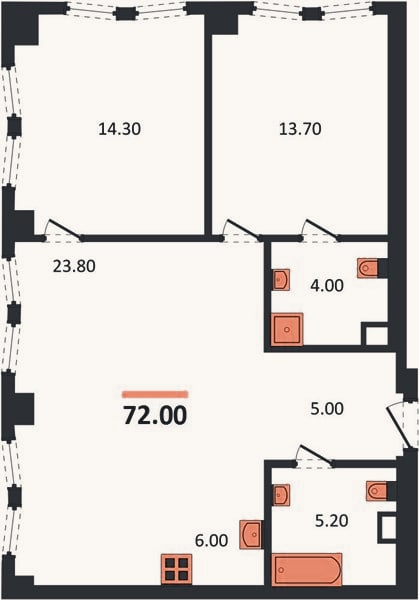 Планировка: 2-к, 72 м²