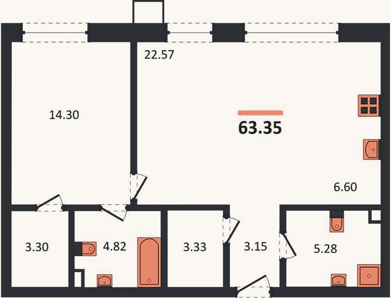 Планировка: 1-к, 63,4 м²
