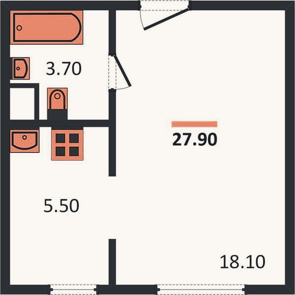 Планировка: 1-к, 27,9 м²