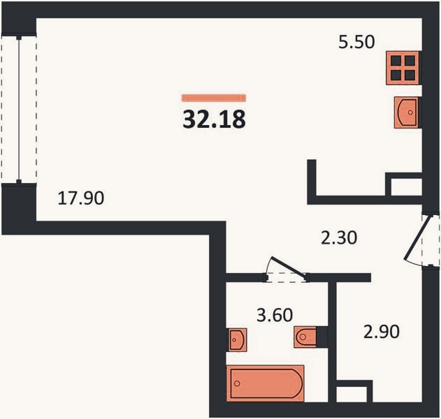 Планировка: Студия, 32,2 м²