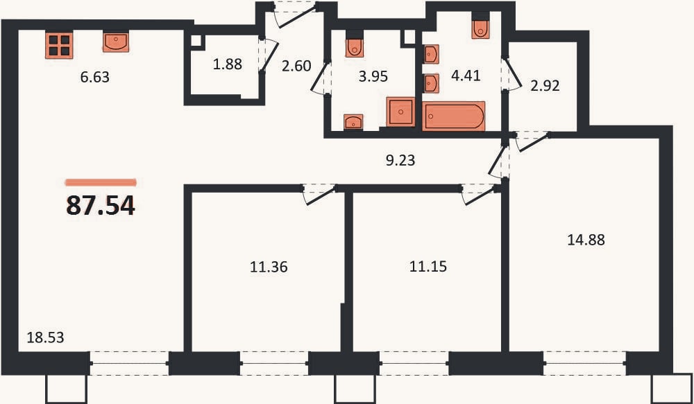 Планировка: 3-к, 87,5 м²