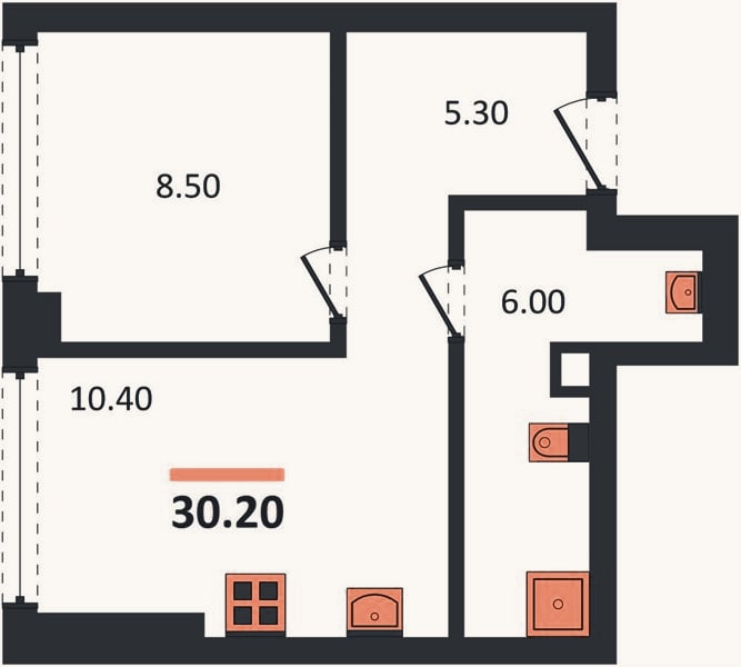 Планировка: 1-к, 30,2 м²