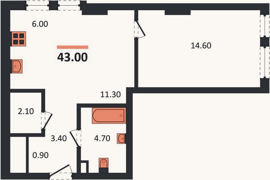 Планировка: 1-к, 43 м²