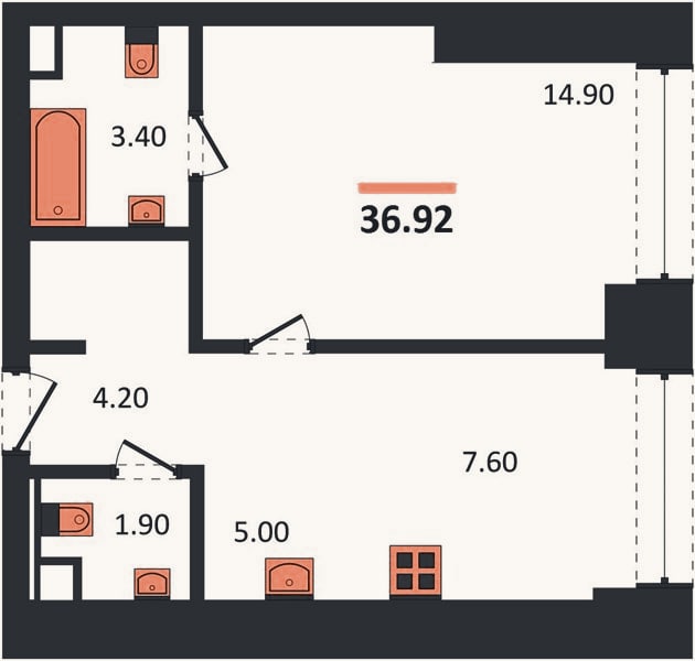 Планировка: 1-к, 36,9 м²
