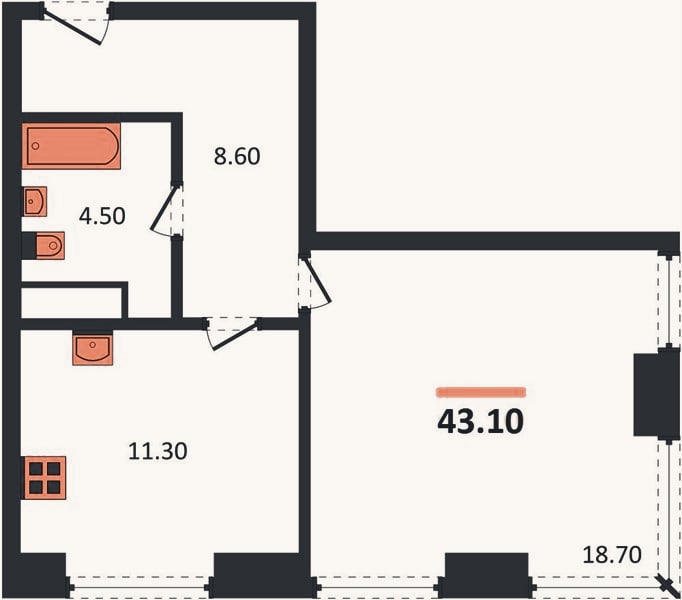 Планировка: 1-к, 43,1 м²