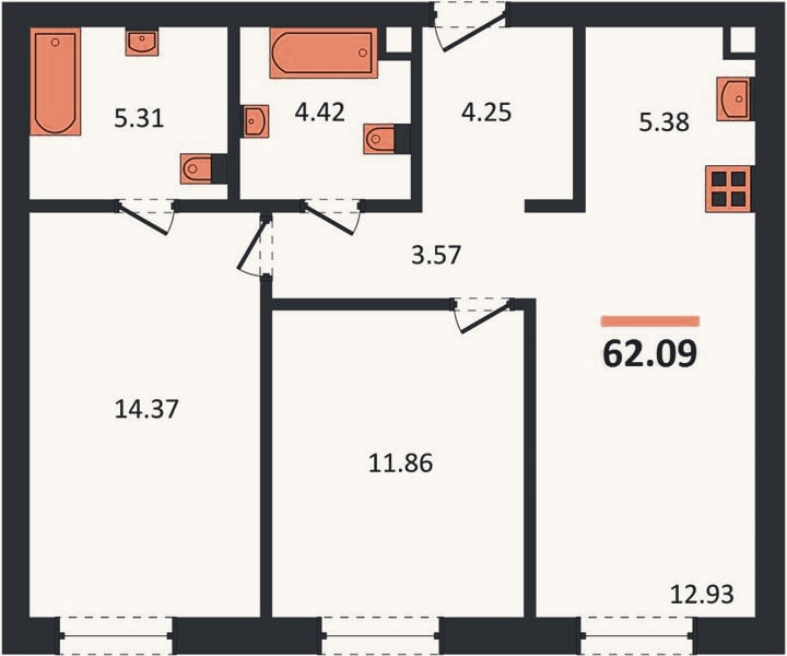 Планировка: 2-к, 62,1 м²