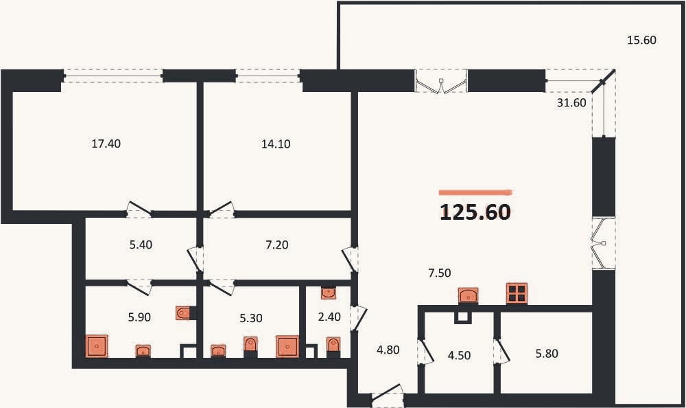 Планировка: 2-к, 125,6 м²