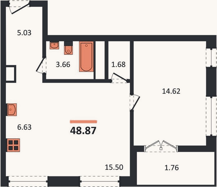 Планировка: 1-к, 48,9 м²