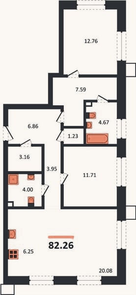 Планировка: 2-к, 82,3 м²