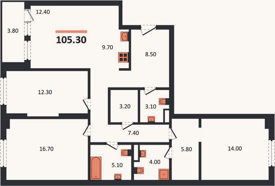 Планировка: 3-к, 105,3 м²