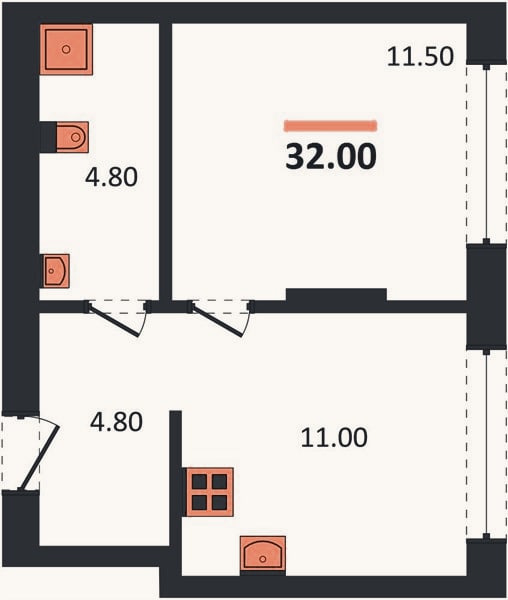 Планировка: 1-к, 32 м²