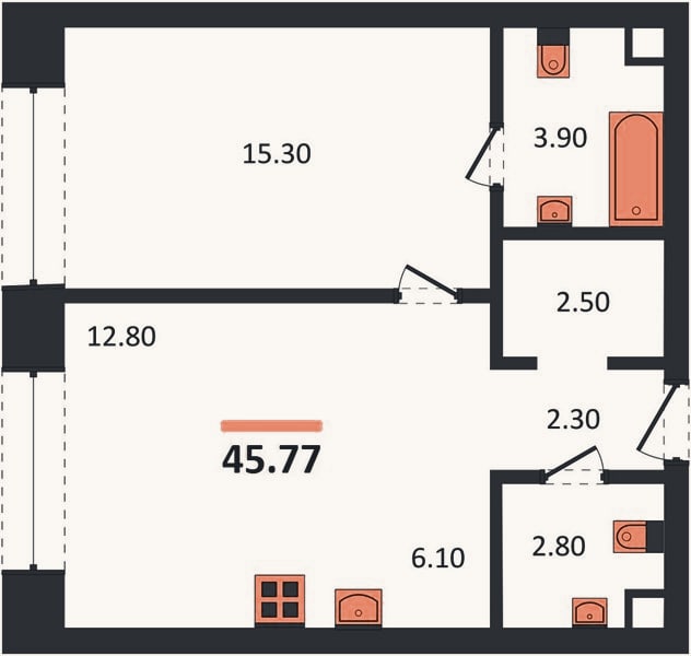 Планировка: 1-к, 45,8 м²