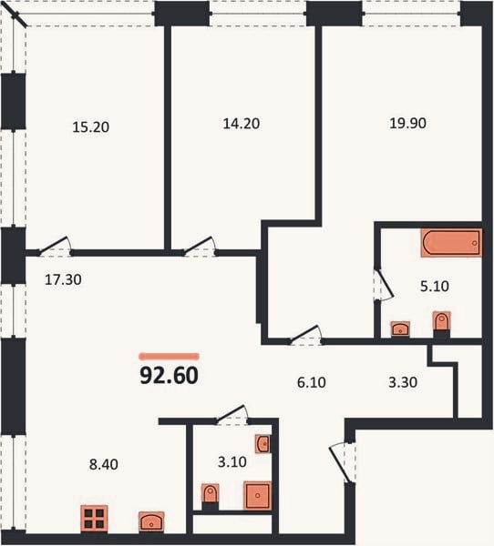Планировка: 3-к, 92,6 м²