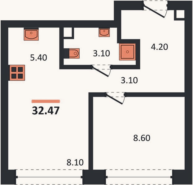 Планировка: 1-к, 32,5 м²