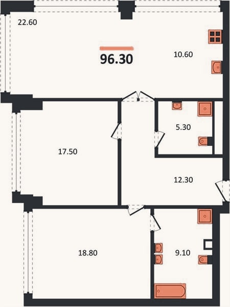 Планировка: 2-к, 96,3 м²