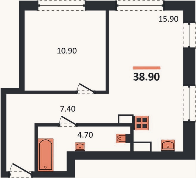 Планировка: 1-к, 38,9 м²