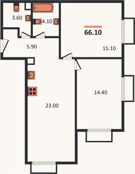 Планировка: 2-к, 66,1 м²