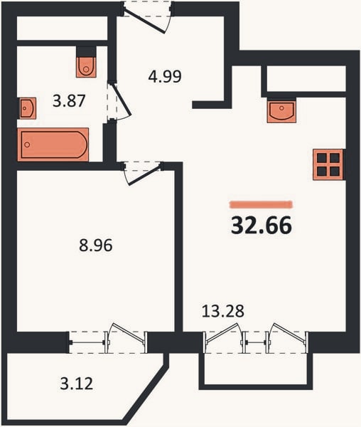 Планировка: 1-к, 32,7 м²