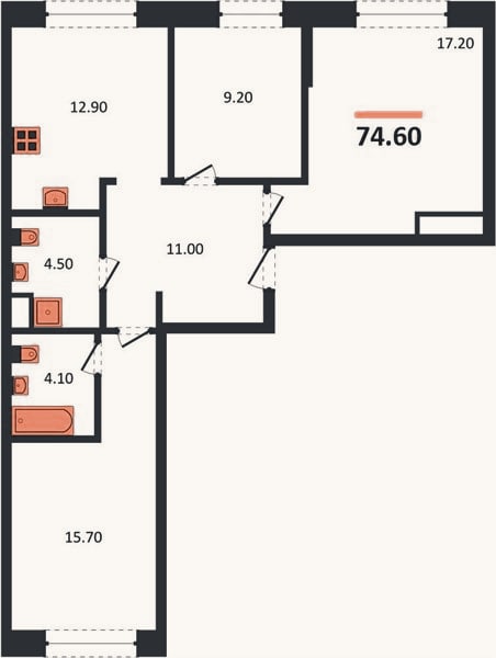 Планировка: 3-к, 74,6 м²