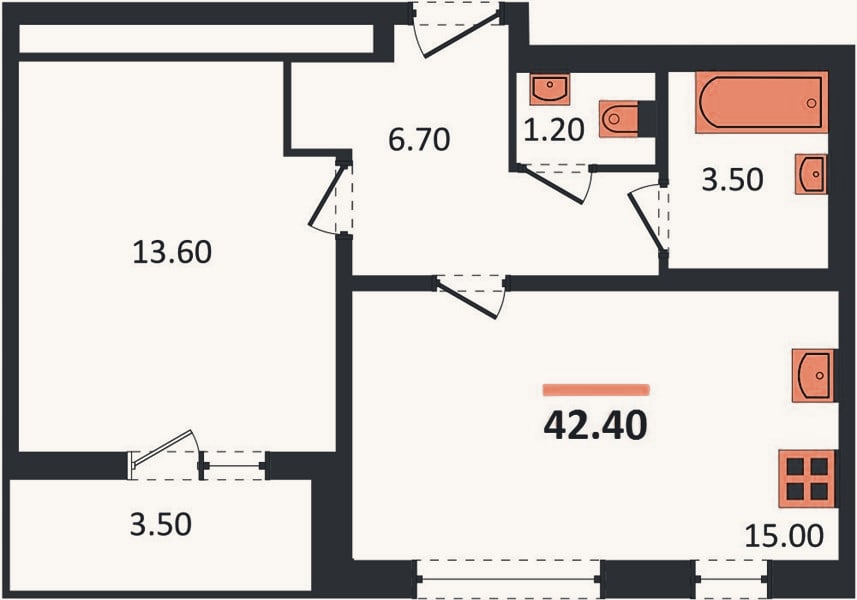 Планировка: 1-к, 42,4 м²