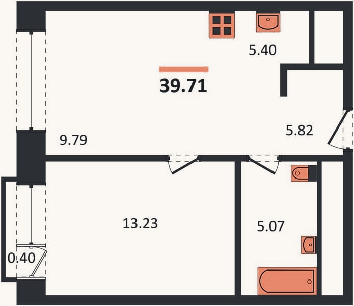 Планировка: 1-к, 39,7 м²