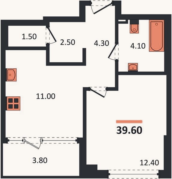 Планировка: 1-к, 39,6 м²