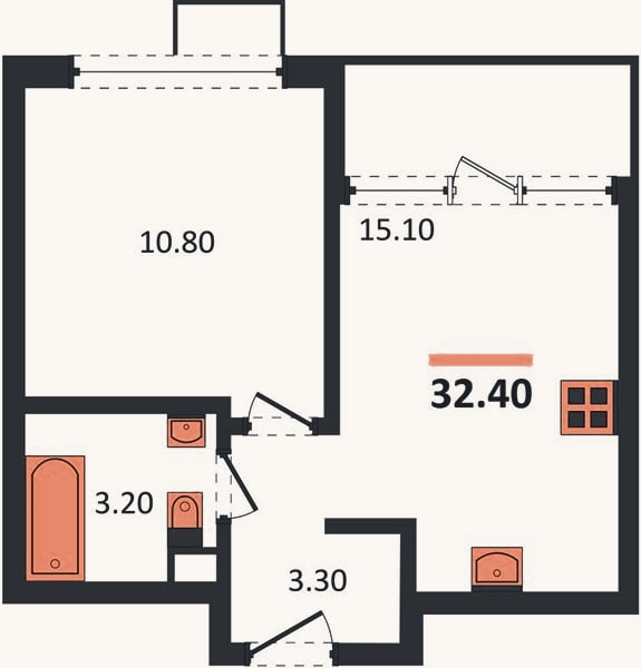 Планировка: 1-к, 32,4 м²