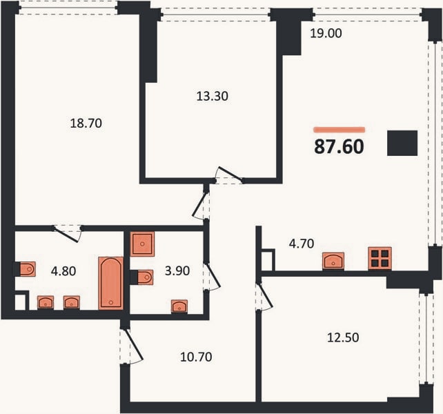 Планировка: 3-к, 87,6 м²