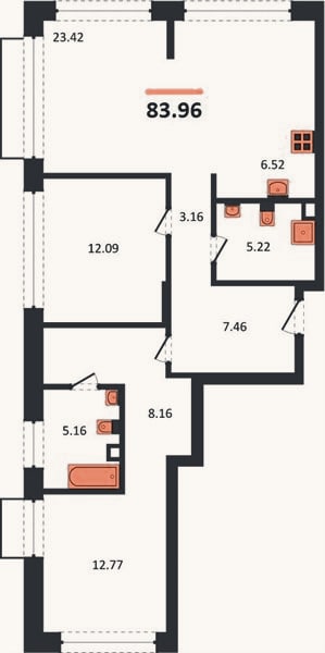 Планировка: 2-к, 84 м²