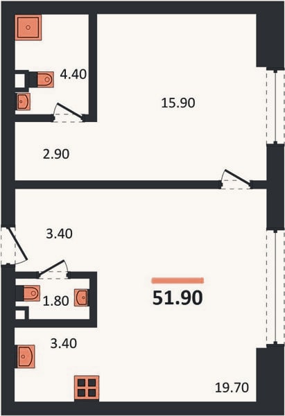 Планировка: 1-к, 51,9 м²