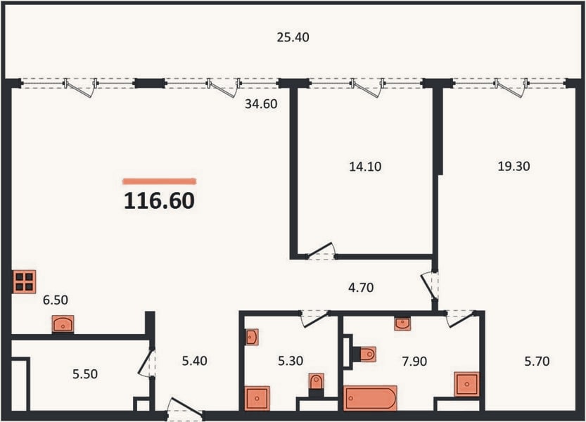 Планировка: 2-к, 116,6 м²