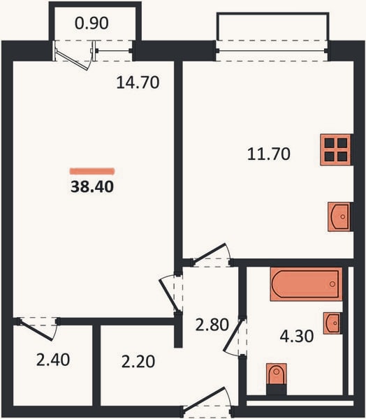 Планировка: 1-к, 38,4 м²