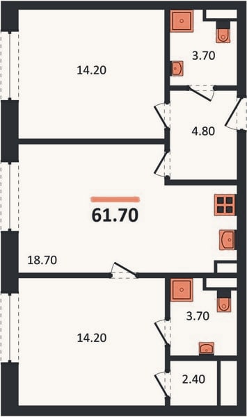 Планировка: 2-к, 61,7 м²