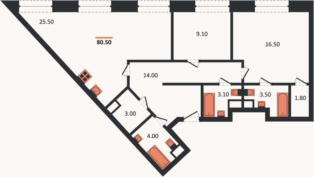 Планировка: 2-к, 80,5 м²