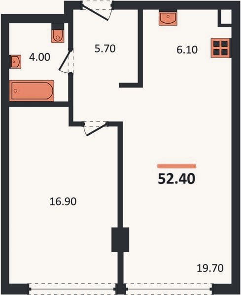 Планировка: 1-к, 52,4 м²