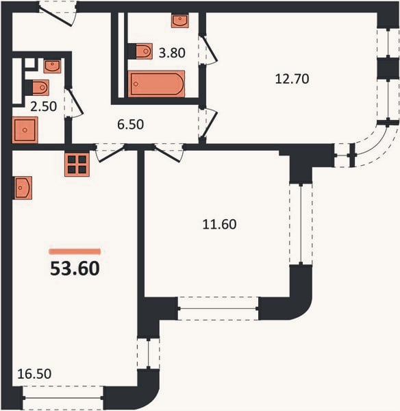 Планировка: 2-к, 53,6 м²