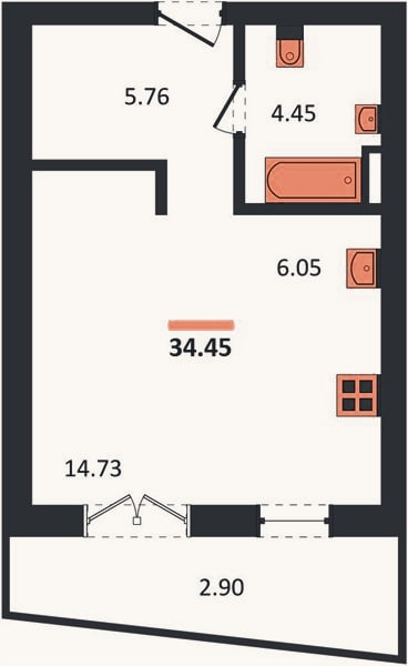 Планировка: Студия, 34,5 м²