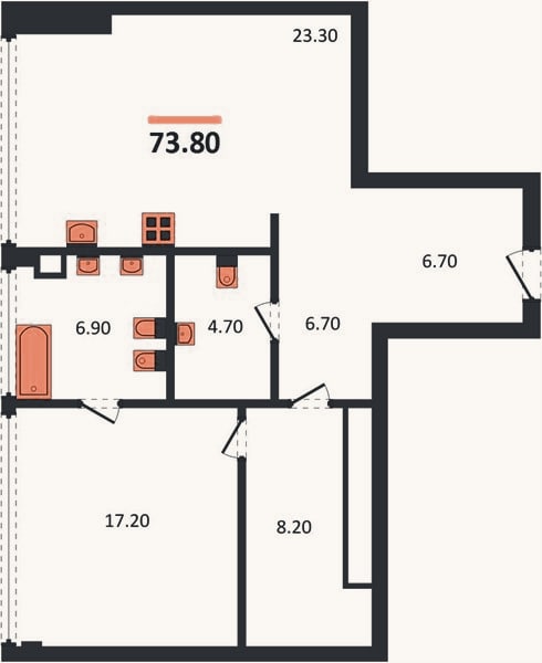 Планировка: 1-к, 73,6 м²
