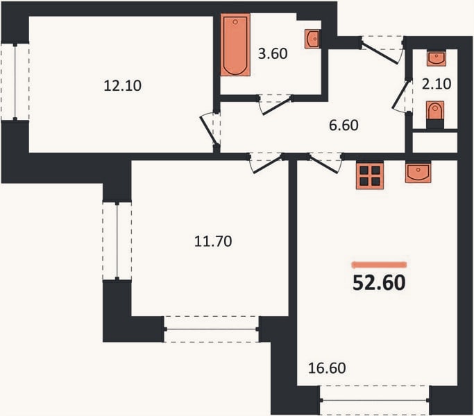 Планировка: 2-к, 52,6 м²