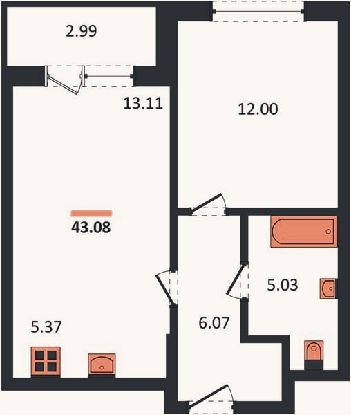 Планировка: 1-к, 43,1 м²